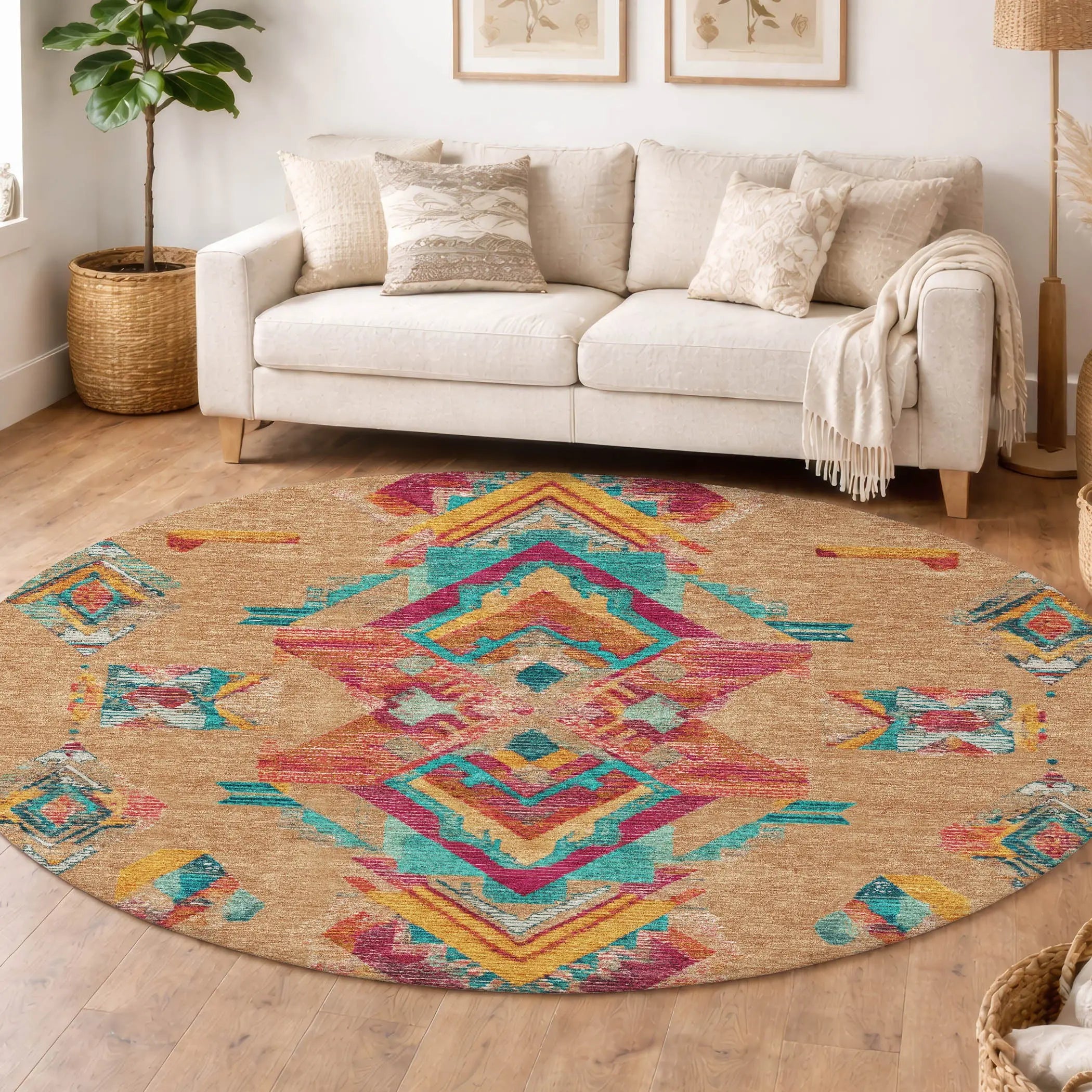 8' Copper And Ivory Round Tribal Washable Indoor Outdoor Area Rug Homeroots Outdoor