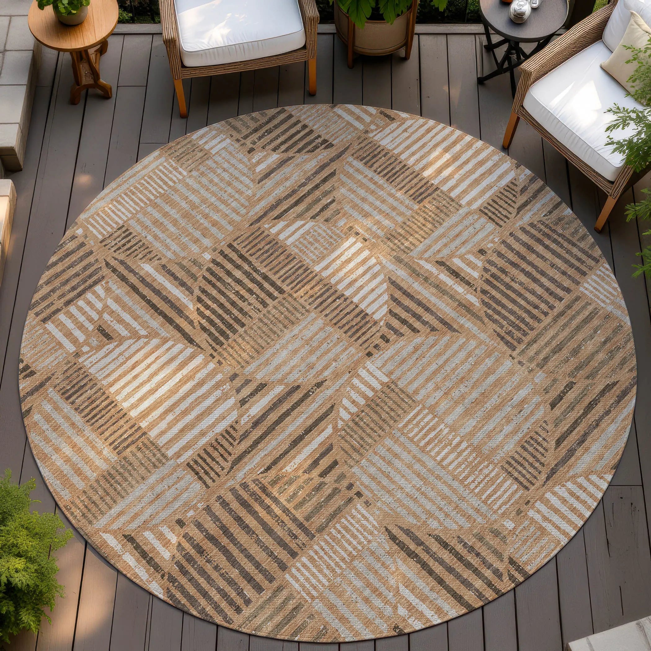 8' Copper And Khaki Round Geometric Washable Indoor Outdoor Area Rug Homeroots Outdoor