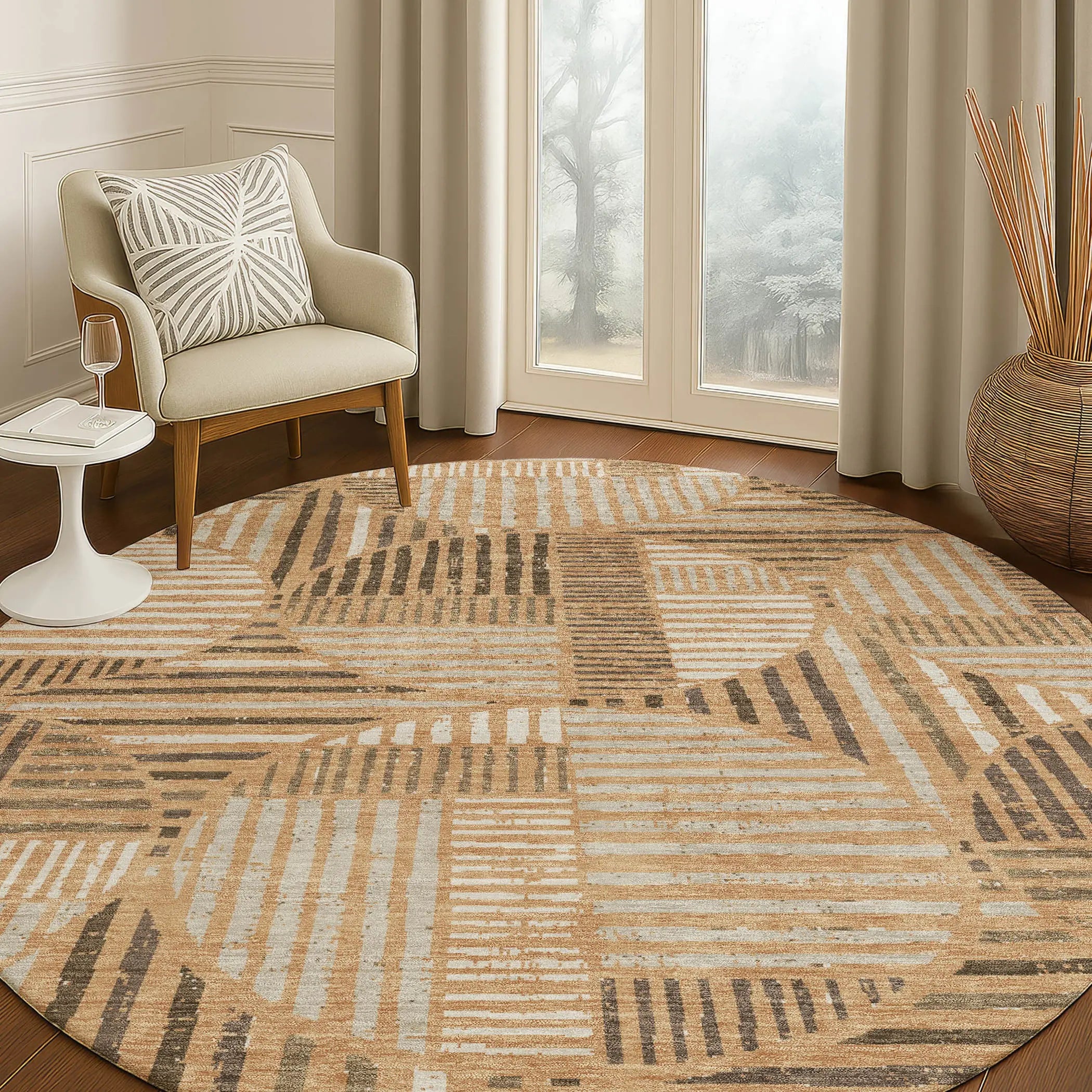 8' Copper And Khaki Round Geometric Washable Indoor Outdoor Area Rug Homeroots Outdoor