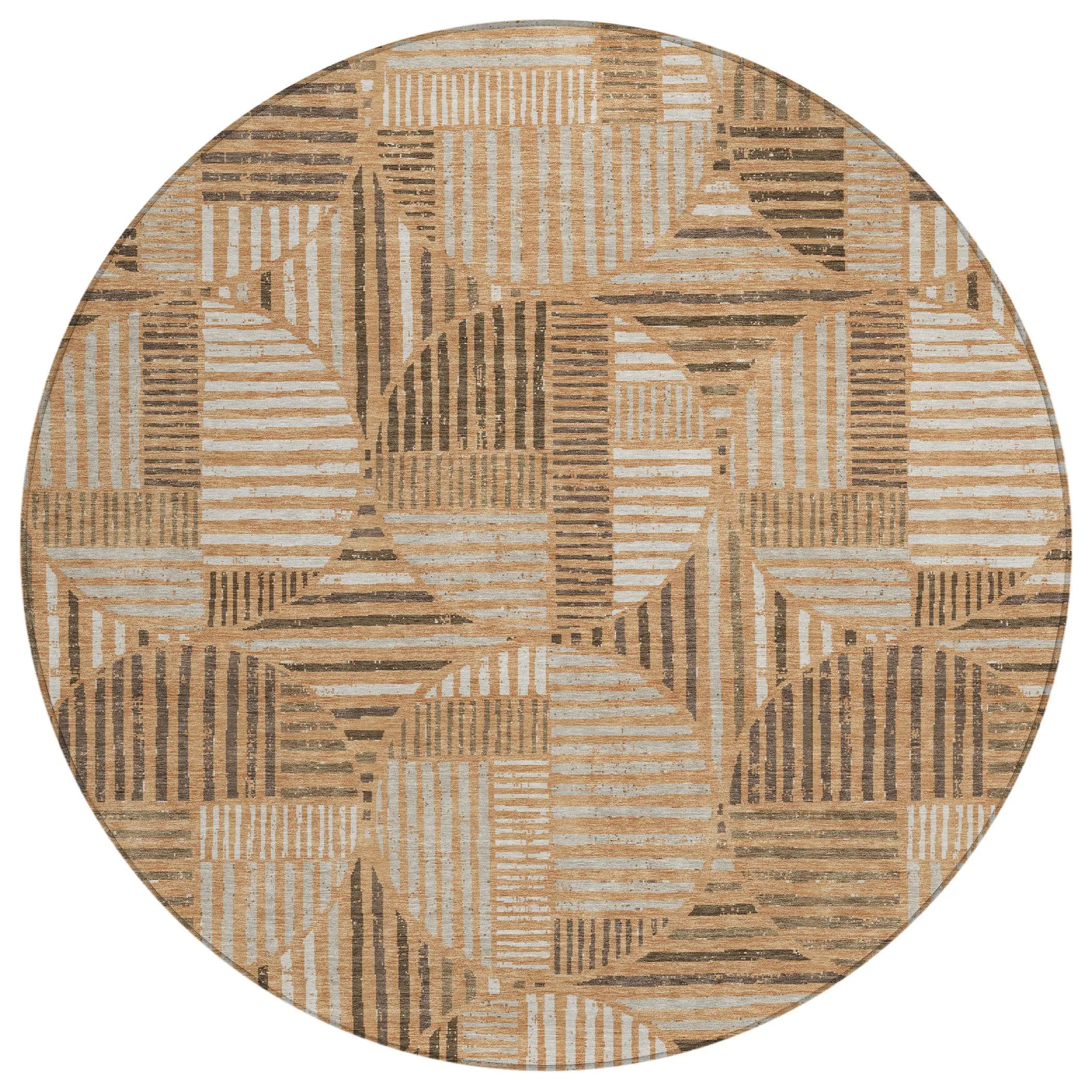 8' Copper And Khaki Round Geometric Washable Indoor Outdoor Area Rug Homeroots Outdoor