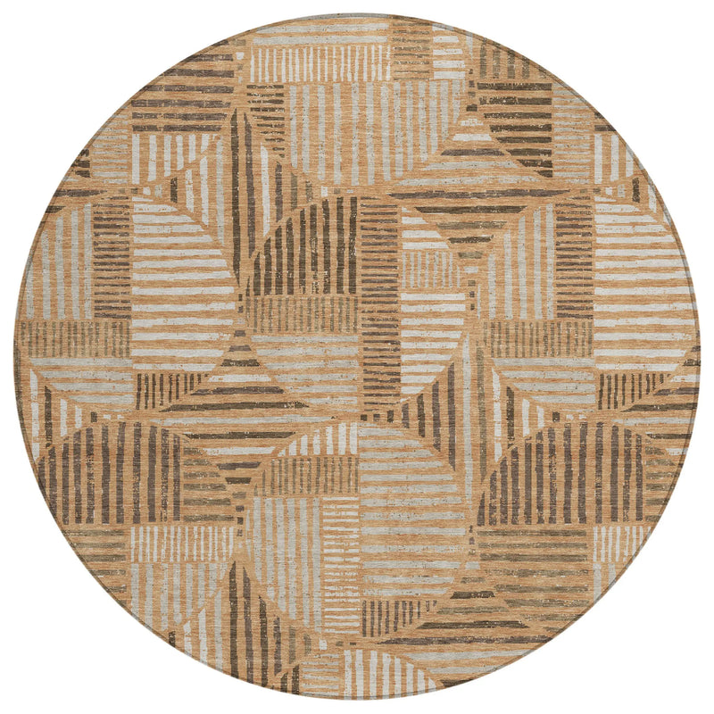 8' Copper And Khaki Round Geometric Washable Indoor Outdoor Area Rug Homeroots Outdoor