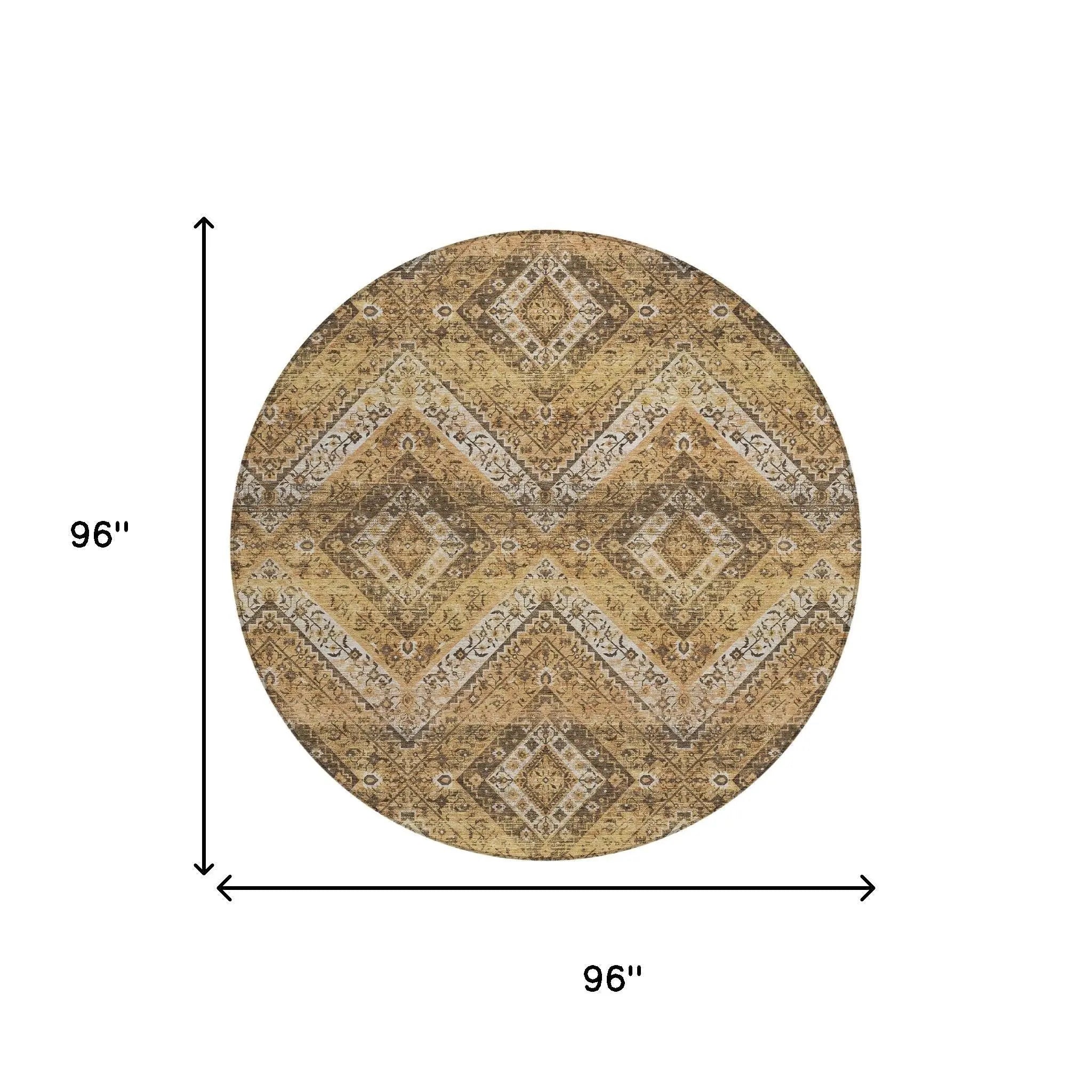8' Copper And Khaki Round Tribal Washable Indoor Outdoor Area Rug Homeroots Outdoor