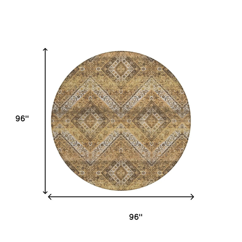 8' Copper And Khaki Round Tribal Washable Indoor Outdoor Area Rug Homeroots Outdoor