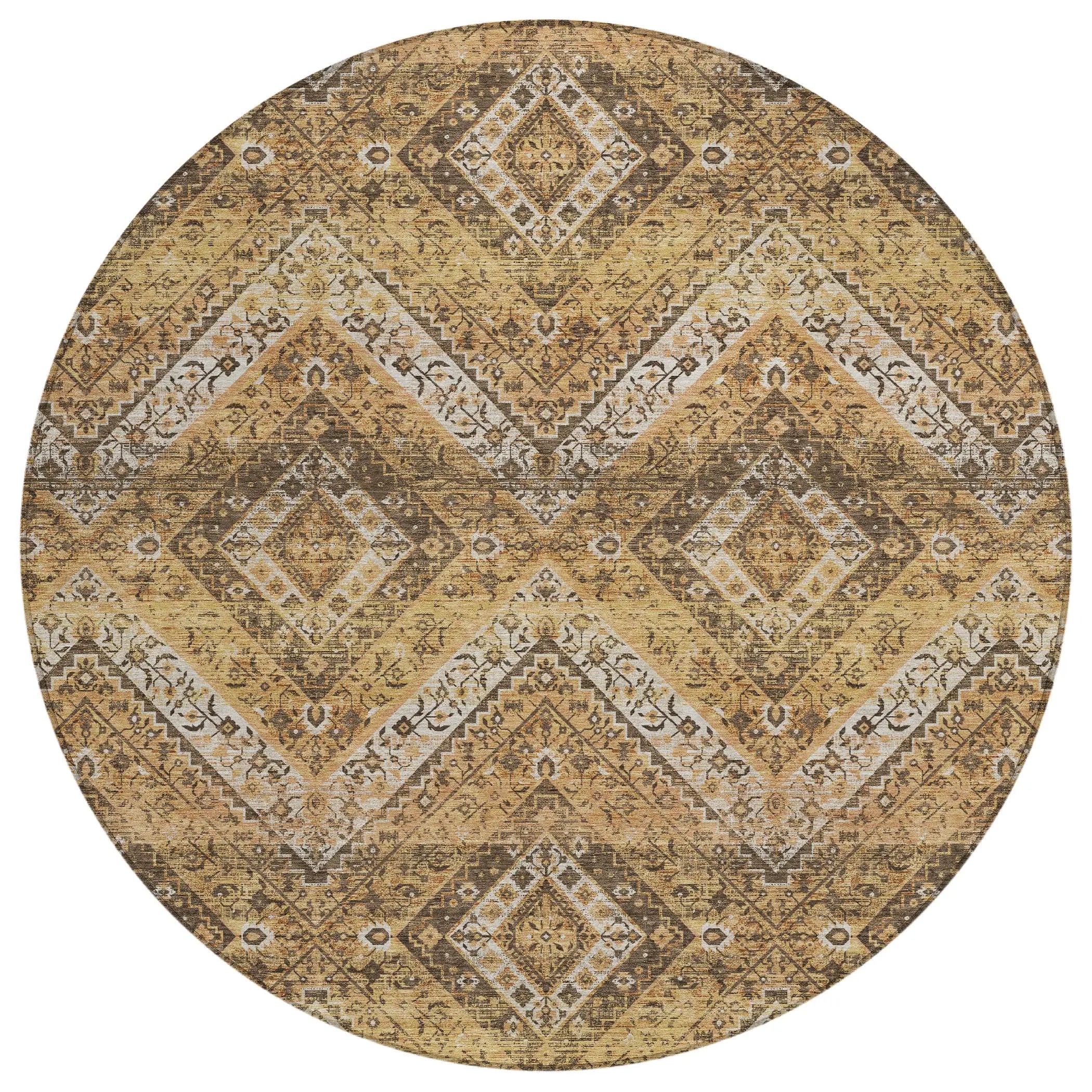 8' Copper And Khaki Round Tribal Washable Indoor Outdoor Area Rug Homeroots Outdoor