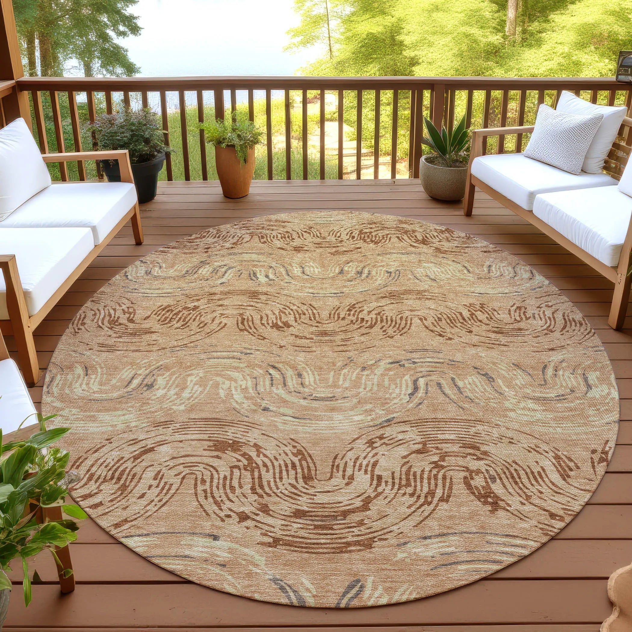 8' Copper And Orange Round Abstract Washable Indoor Outdoor Area Rug Homeroots Outdoor