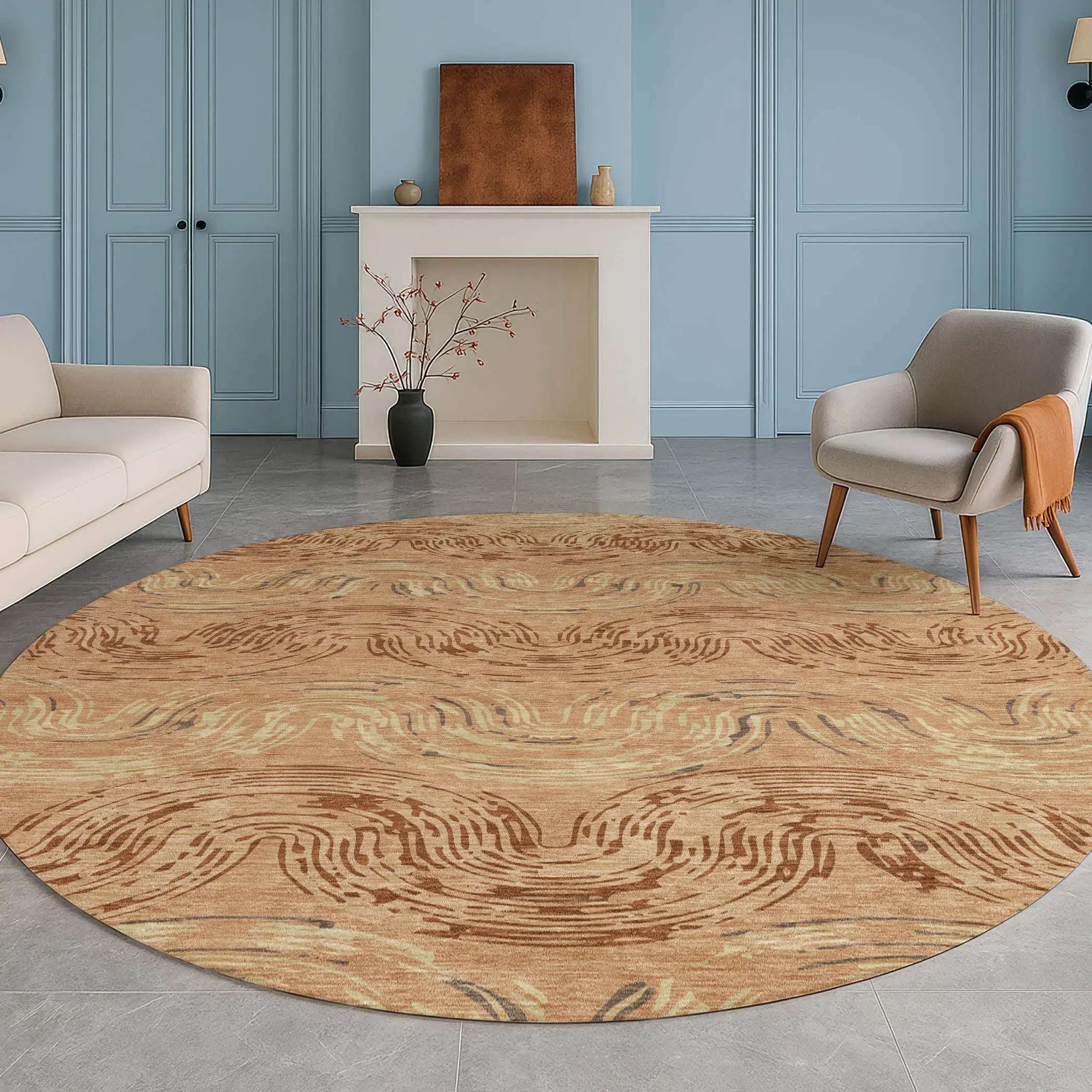 8' Copper And Orange Round Abstract Washable Indoor Outdoor Area Rug Homeroots Outdoor