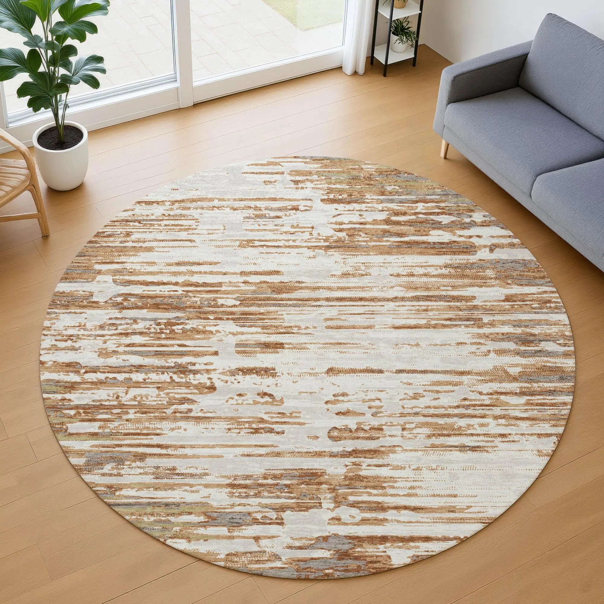 8' Copper And Orange Round Abstract Washable Indoor Outdoor Area Rug Homeroots Outdoor