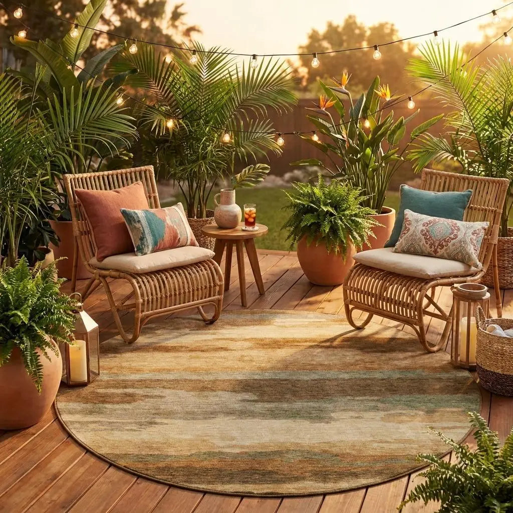 8' Copper And Orange Round Abstract Washable Indoor Outdoor Area Rug Homeroots Outdoor