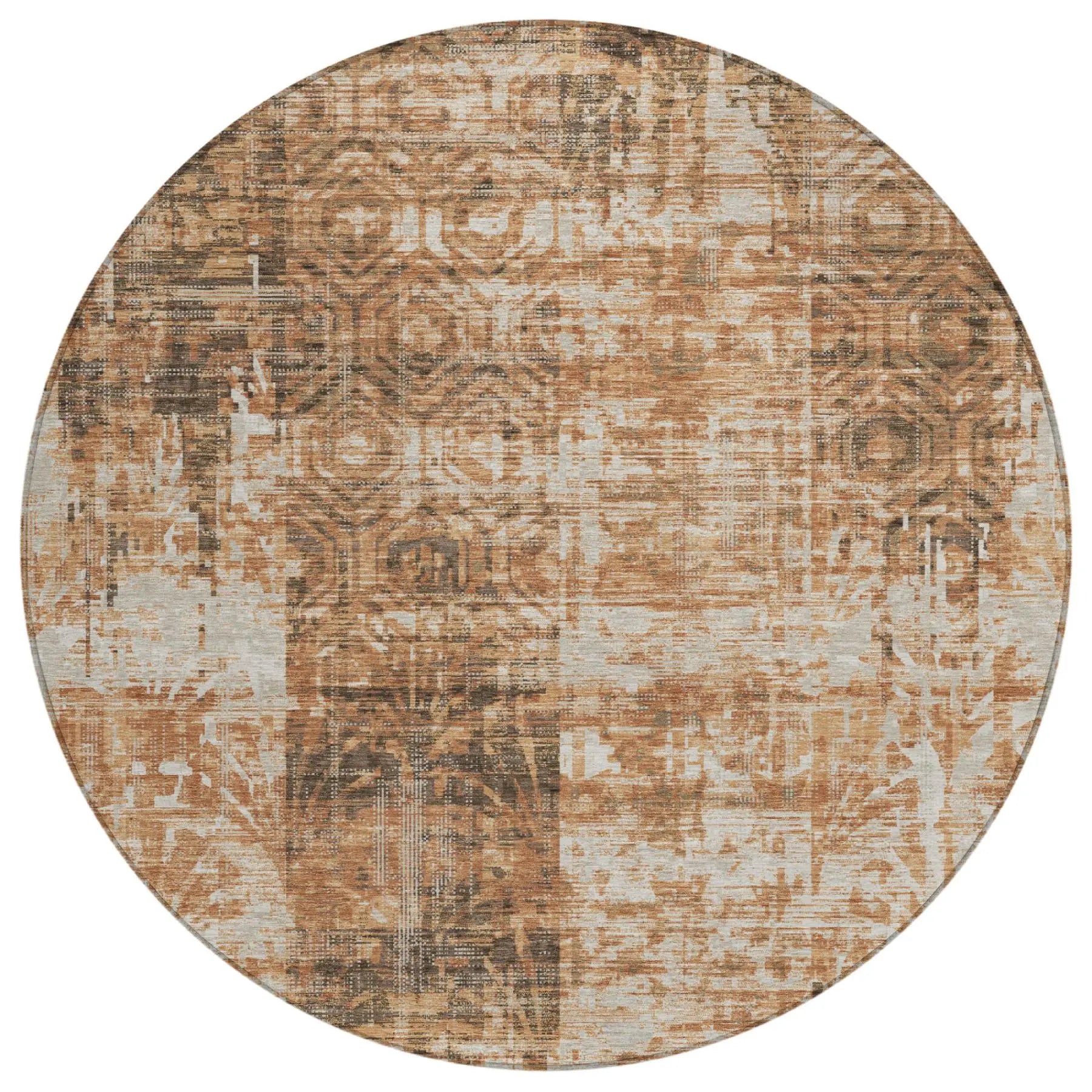 8' Copper And Orange Round Abstract Washable Indoor Outdoor Area Rug Homeroots Outdoor