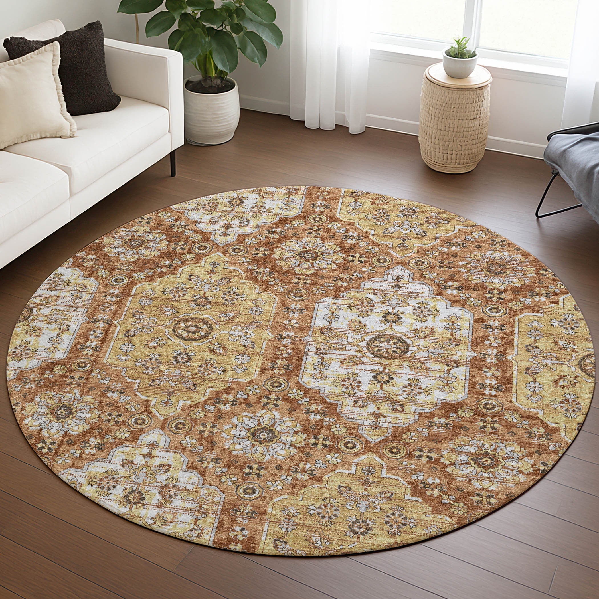 8' Copper And Orange Round Damask Washable Indoor Outdoor Area Rug Homeroots Outdoor