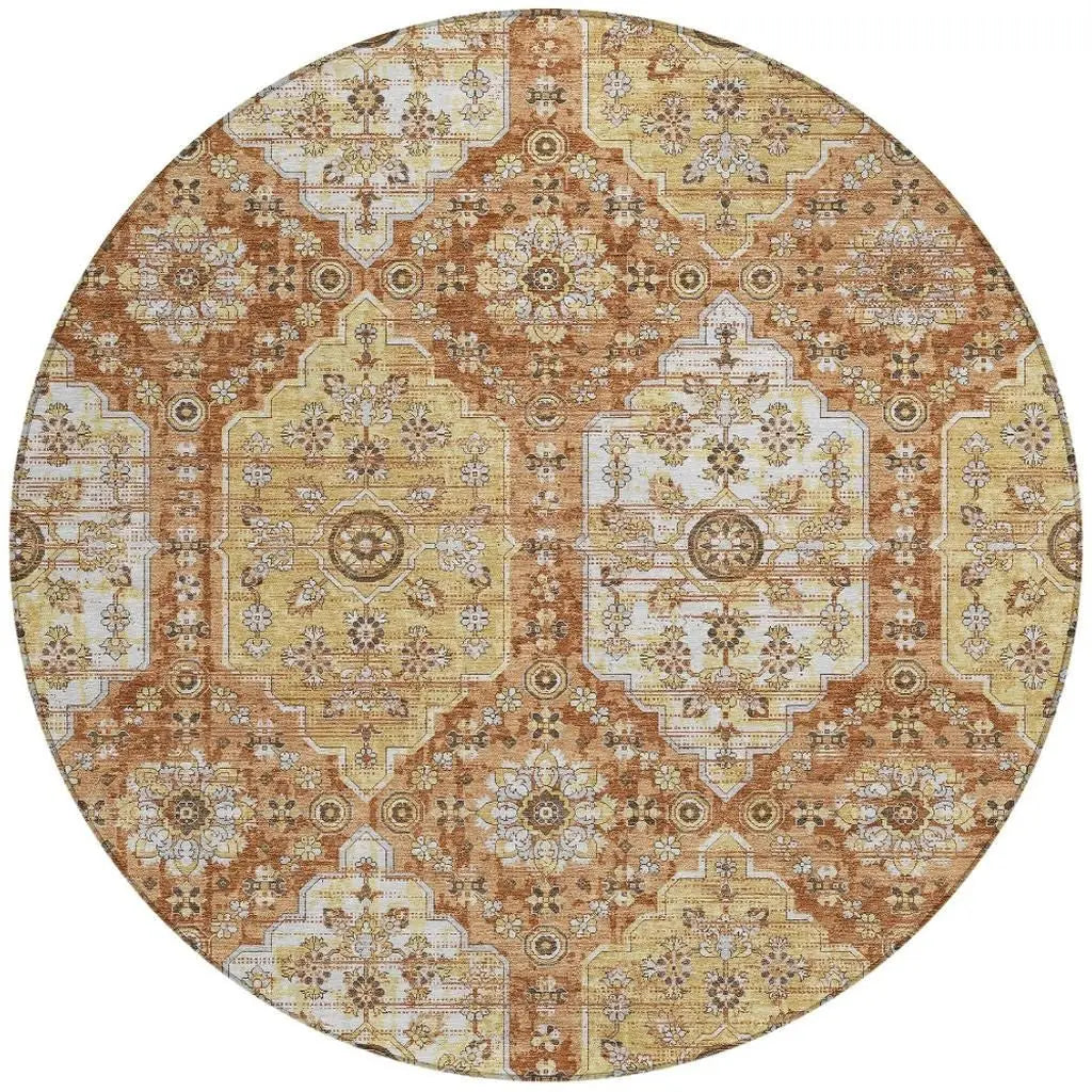 8' Copper And Orange Round Damask Washable Indoor Outdoor Area Rug Homeroots Outdoor
