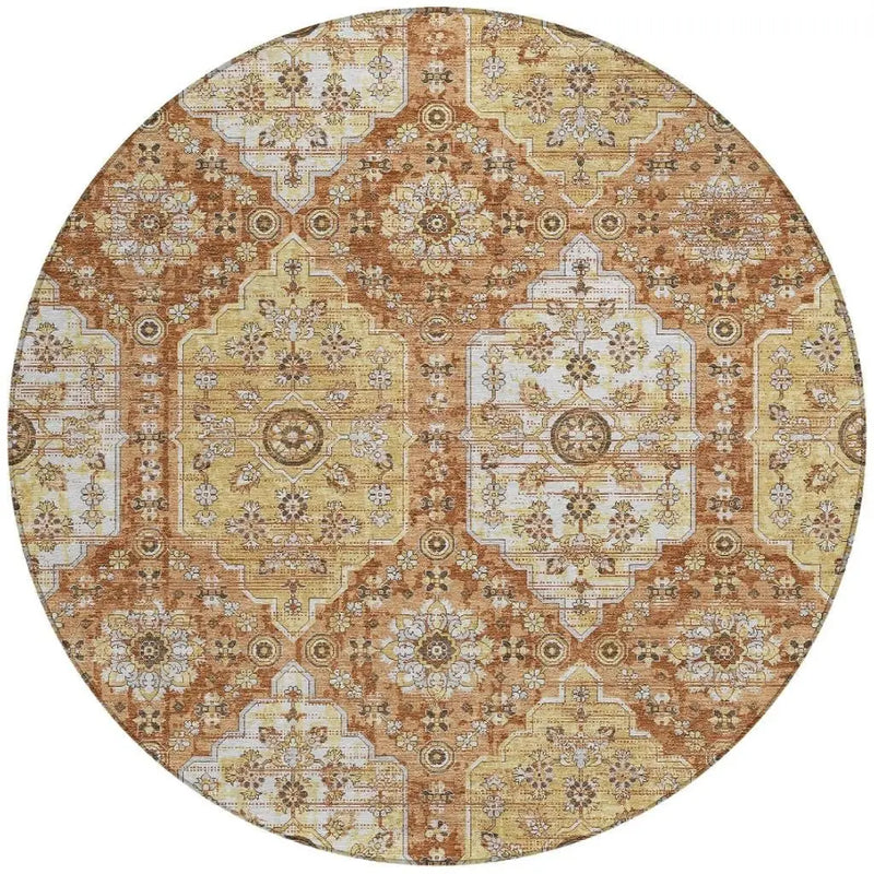 8' Copper And Orange Round Damask Washable Indoor Outdoor Area Rug Homeroots Outdoor