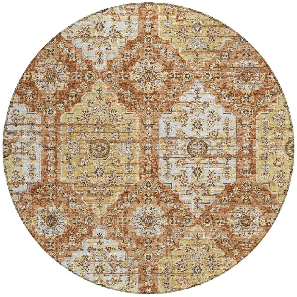 8' Copper And Orange Round Damask Washable Indoor Outdoor Area Rug Homeroots Outdoor