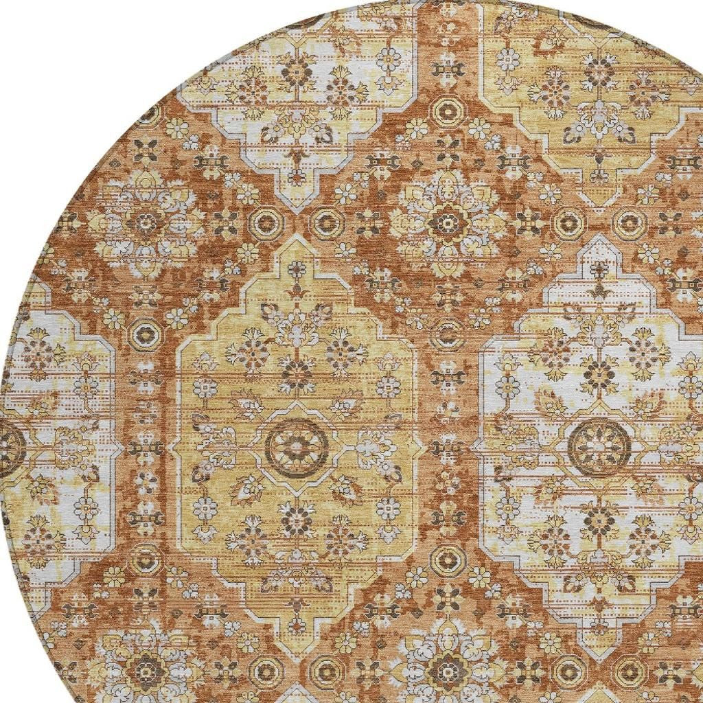 8' Copper And Orange Round Damask Washable Indoor Outdoor Area Rug Homeroots Outdoor