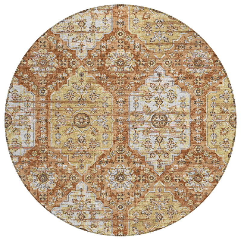 8' Copper And Orange Round Damask Washable Indoor Outdoor Area Rug Homeroots Outdoor