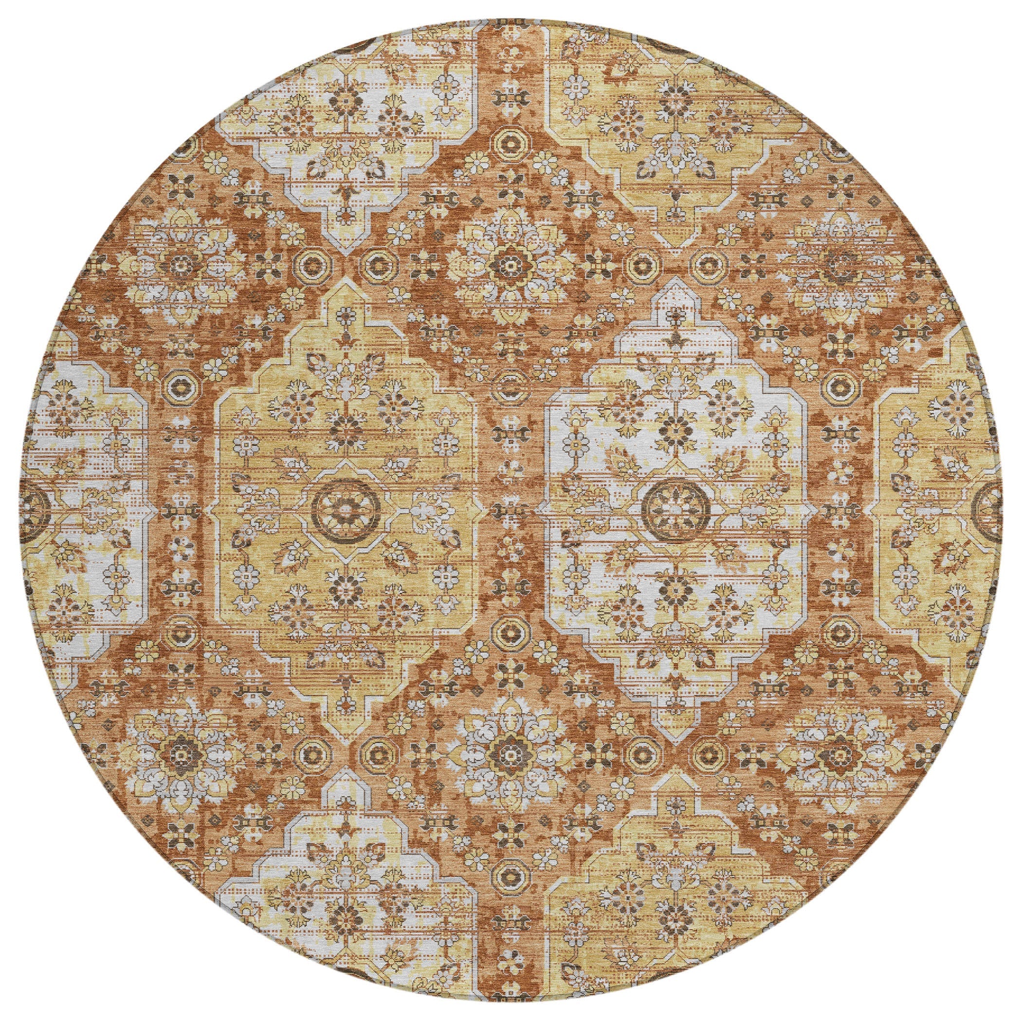 8' Copper And Orange Round Damask Washable Indoor Outdoor Area Rug Homeroots Outdoor