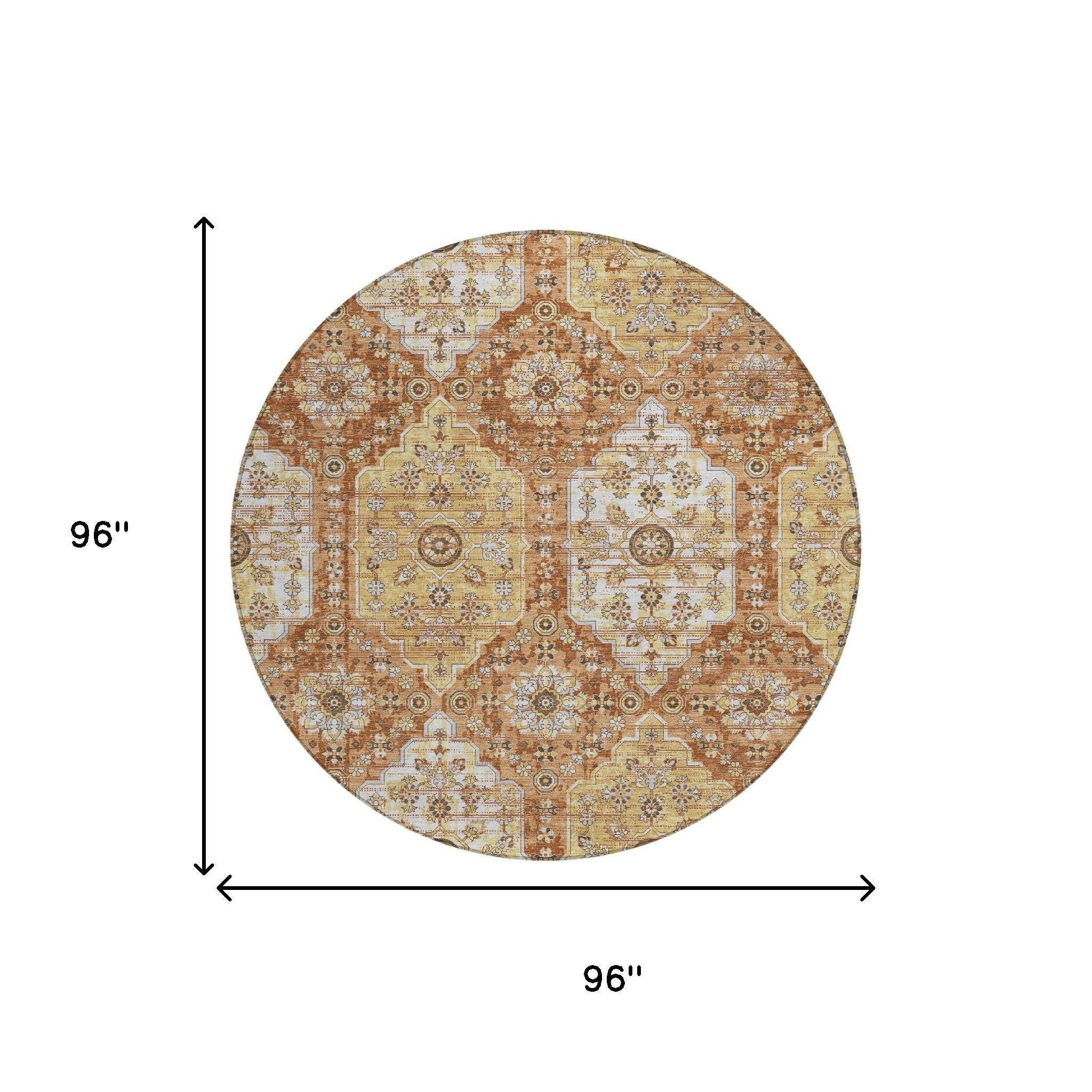 8' Copper And Orange Round Damask Washable Indoor Outdoor Area Rug Homeroots Outdoor