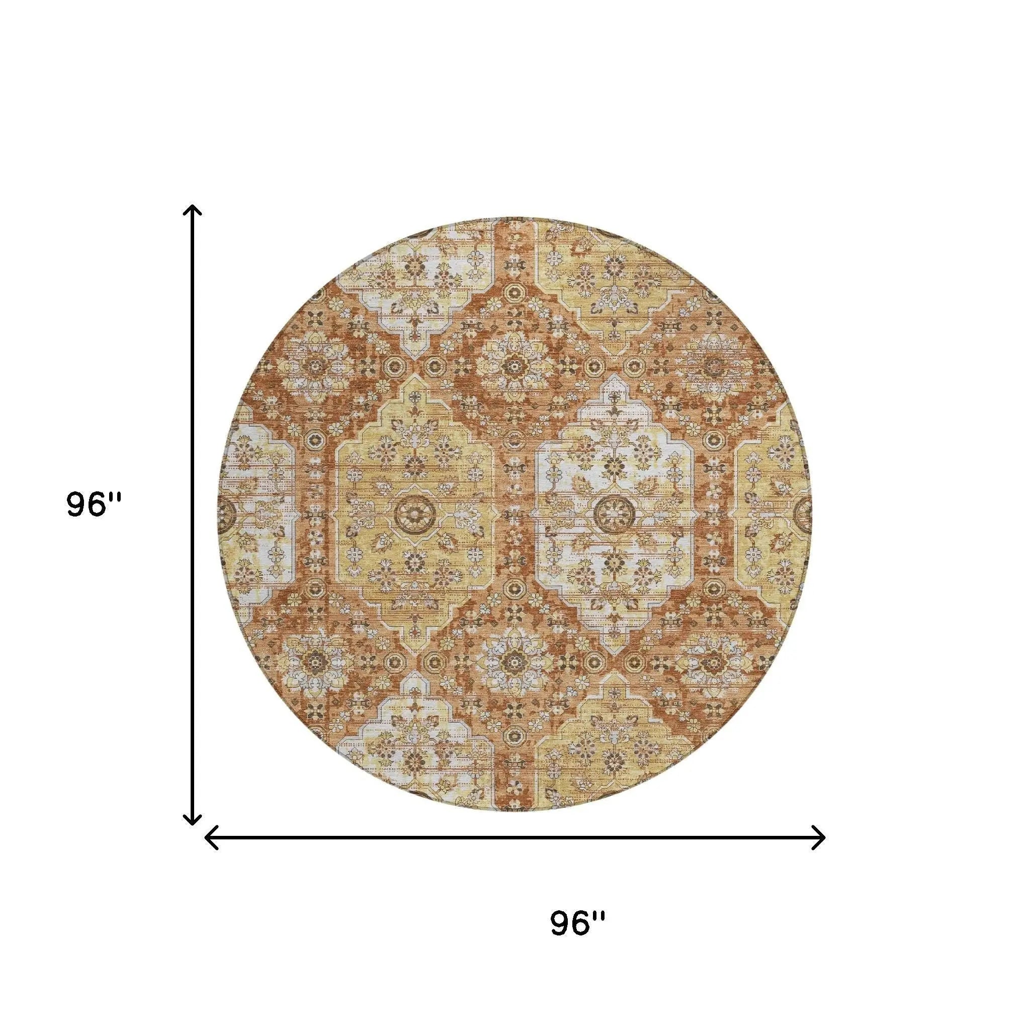 8' Copper And Orange Round Damask Washable Indoor Outdoor Area Rug Homeroots Outdoor