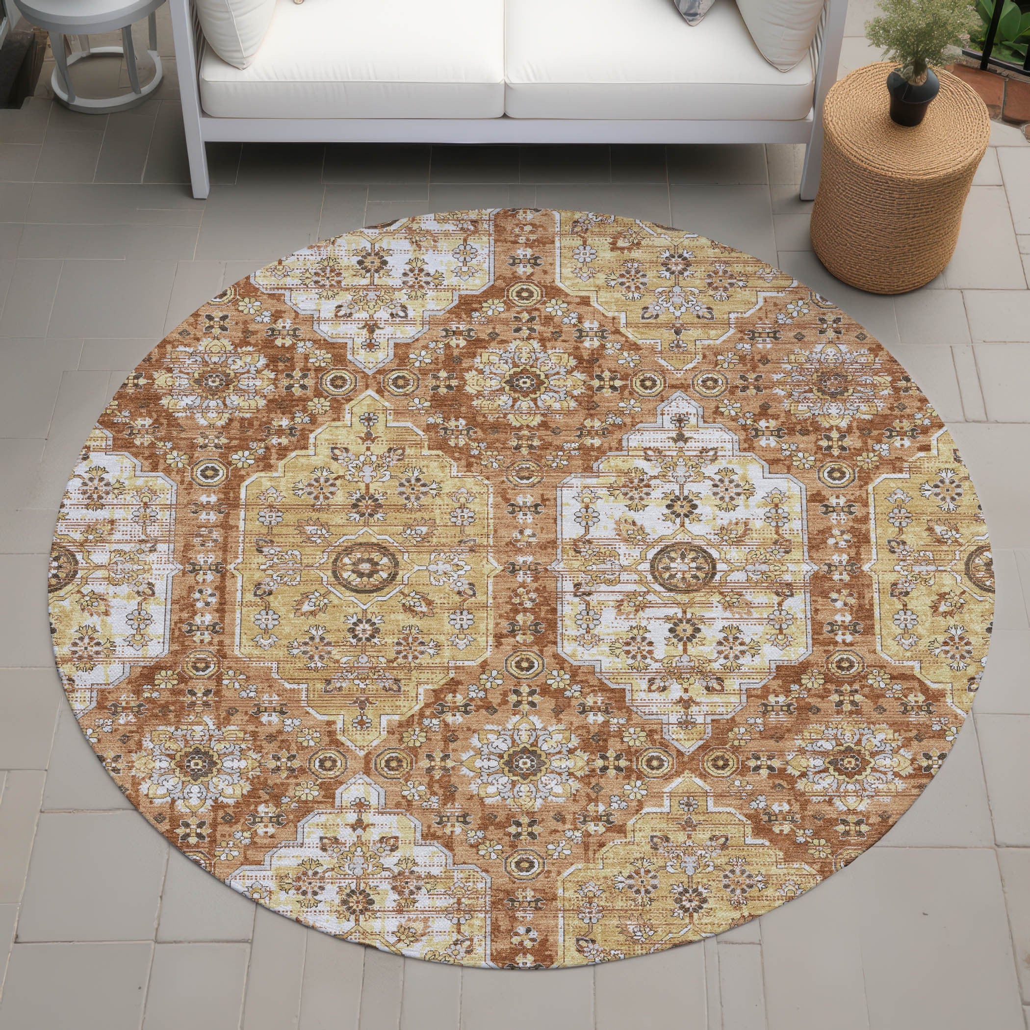 8' Copper And Orange Round Damask Washable Indoor Outdoor Area Rug Homeroots Outdoor
