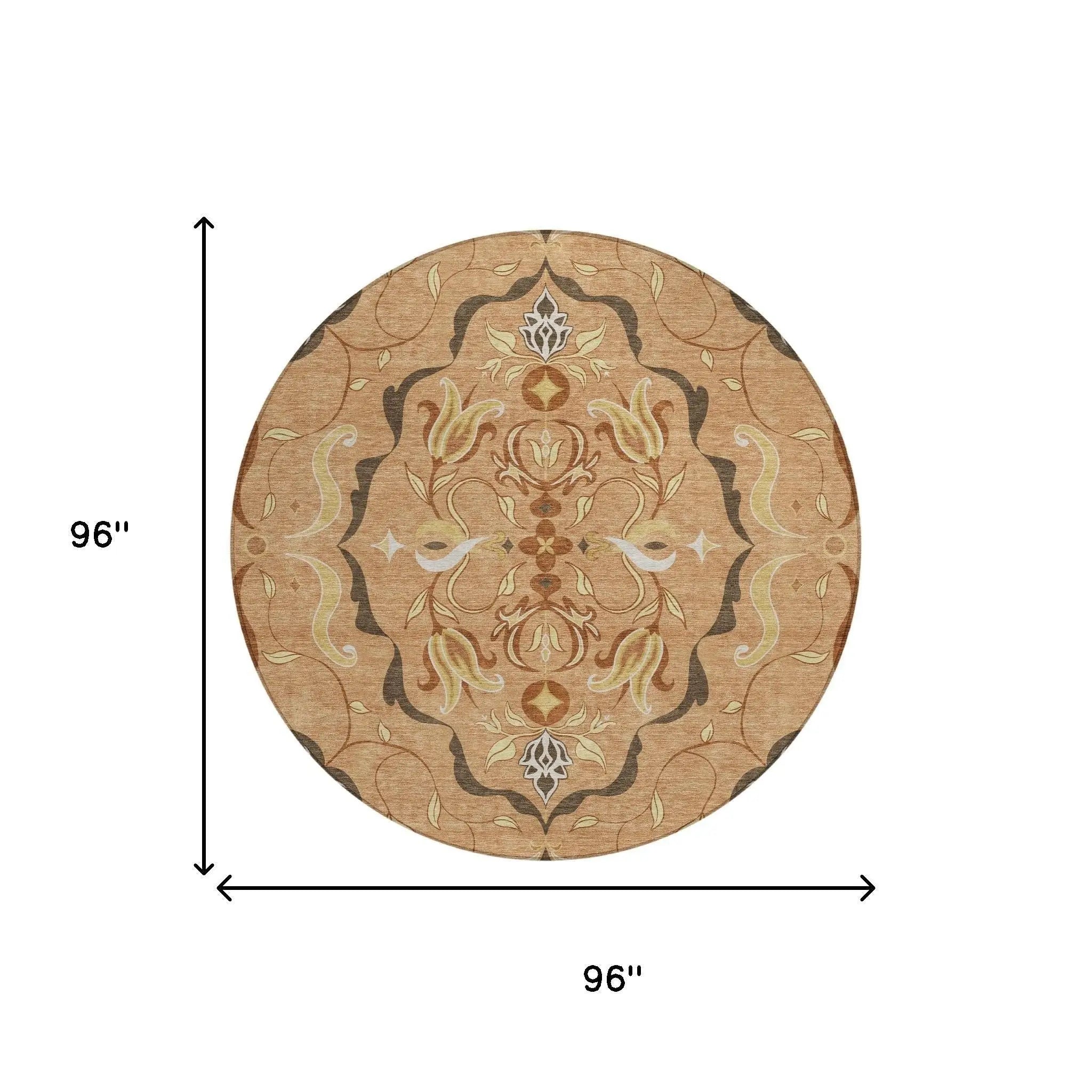 8' Copper And Orange Round Damask Washable Indoor Outdoor Area Rug Homeroots Outdoor