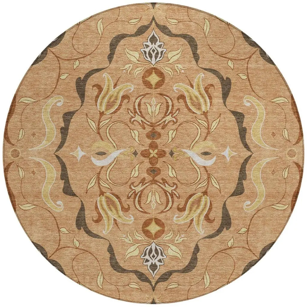 8' Copper And Orange Round Damask Washable Indoor Outdoor Area Rug Homeroots Outdoor