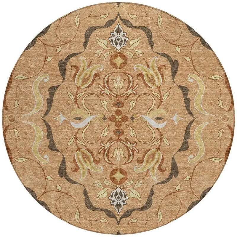8' Copper And Orange Round Damask Washable Indoor Outdoor Area Rug Homeroots Outdoor