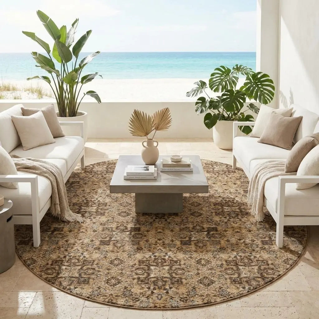 8' Copper And Orange Round Damask Washable Indoor Outdoor Area Rug Homeroots Outdoor