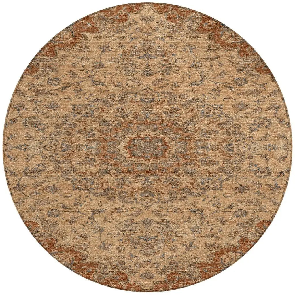 8' Copper And Orange Round Floral Medallion Washable Indoor Outdoor Area Rug Homeroots Outdoor