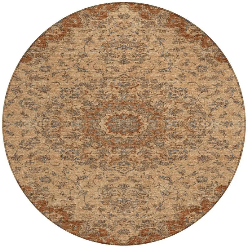 8' Copper And Orange Round Floral Medallion Washable Indoor Outdoor Area Rug Homeroots Outdoor