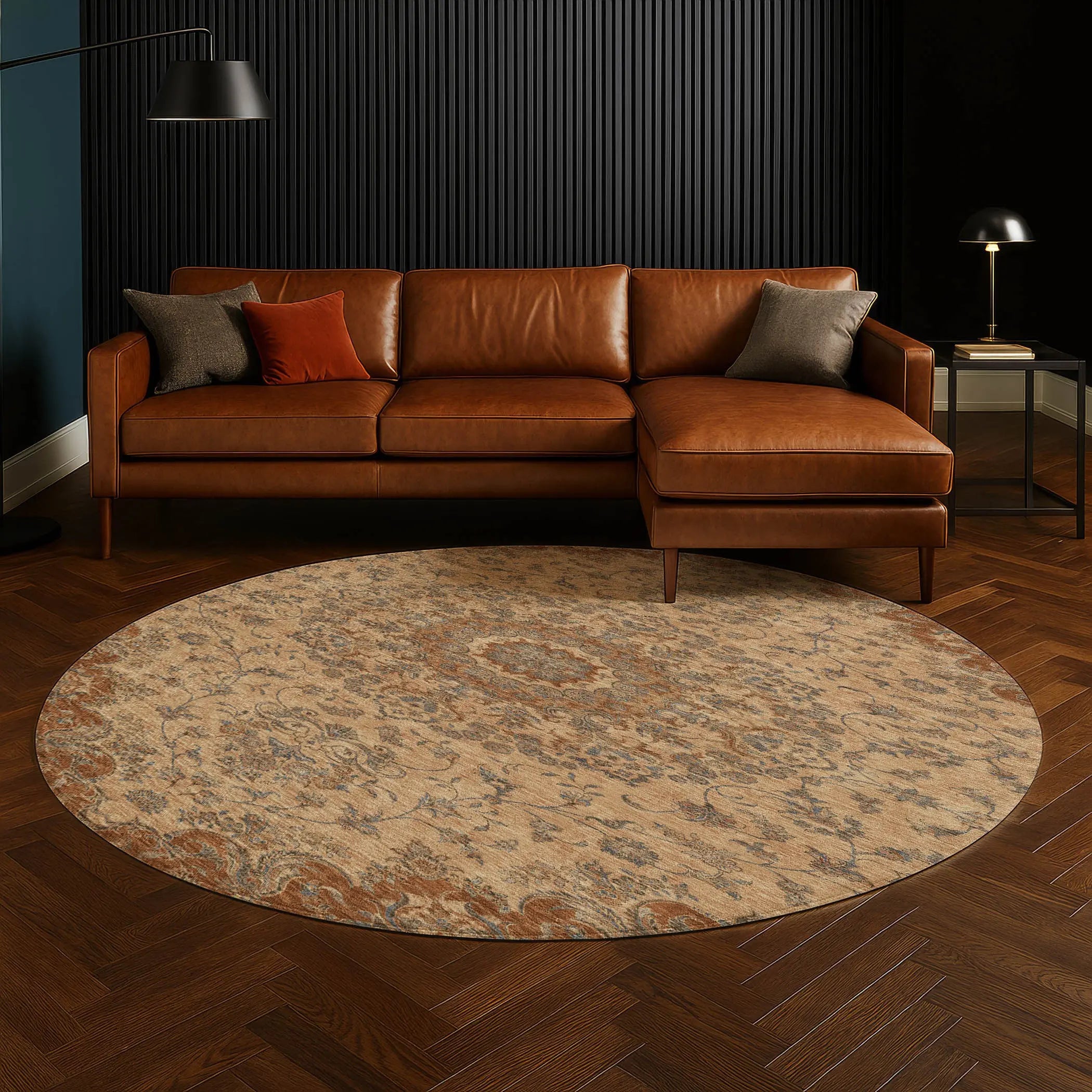 8' Copper And Orange Round Floral Medallion Washable Indoor Outdoor Area Rug Homeroots Outdoor