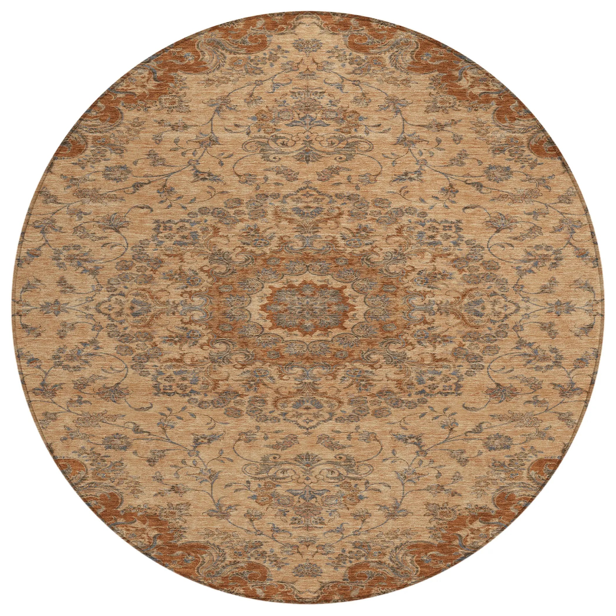 8' Copper And Orange Round Floral Medallion Washable Indoor Outdoor Area Rug Homeroots Outdoor
