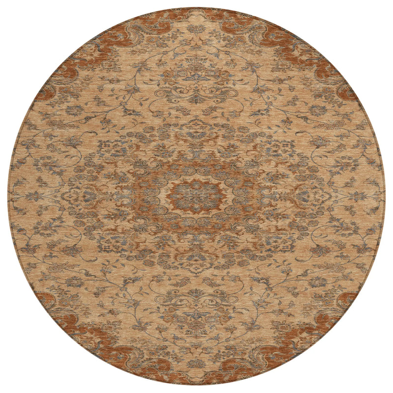 8' Copper And Orange Round Floral Medallion Washable Indoor Outdoor Area Rug Homeroots Outdoor