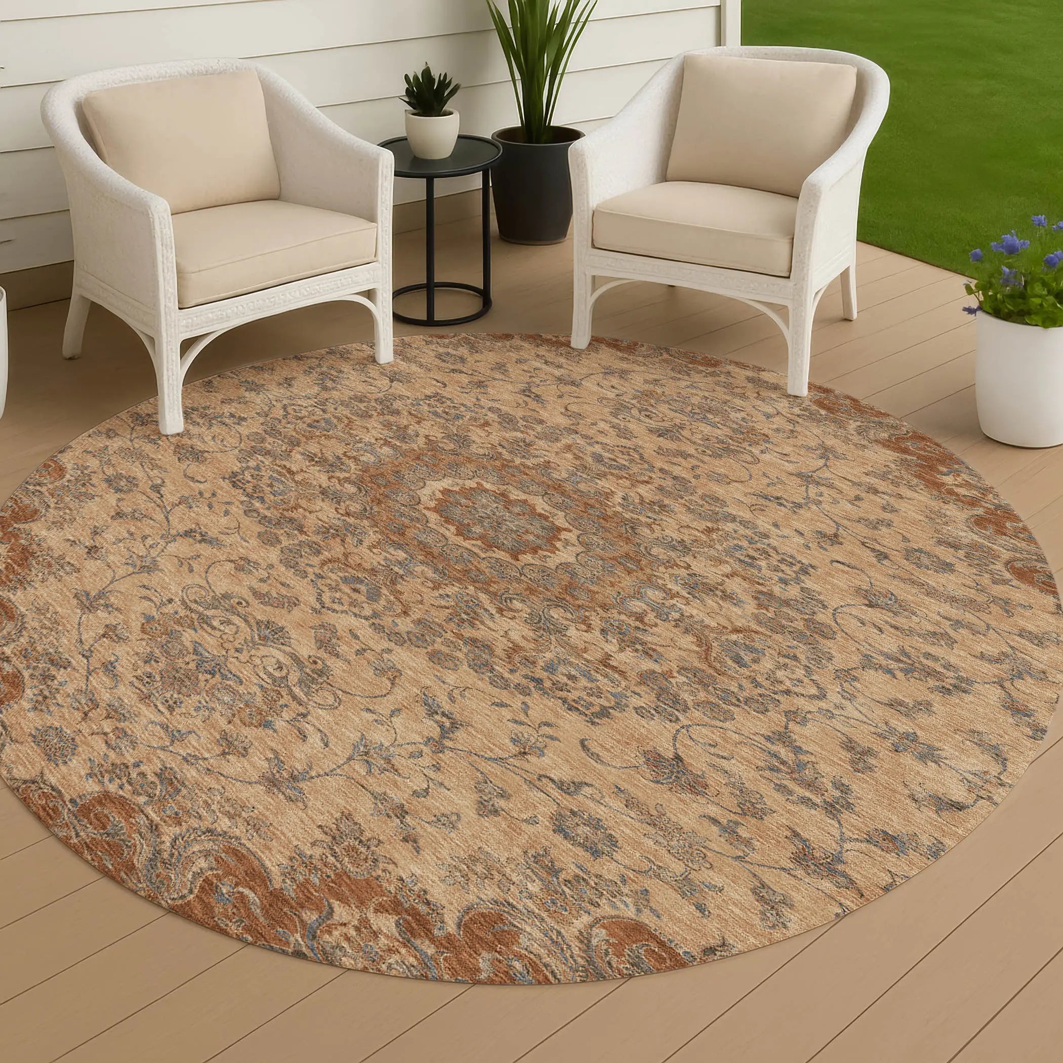 8' Copper And Orange Round Floral Medallion Washable Indoor Outdoor Area Rug Homeroots Outdoor