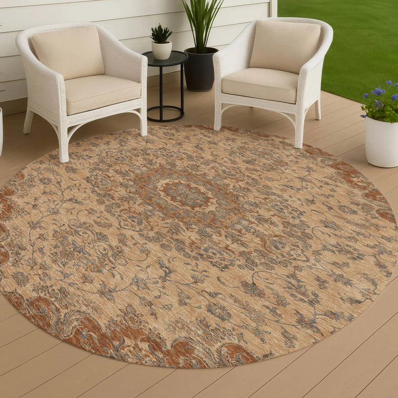 8' Copper And Orange Round Floral Medallion Washable Indoor Outdoor Area Rug Homeroots Outdoor