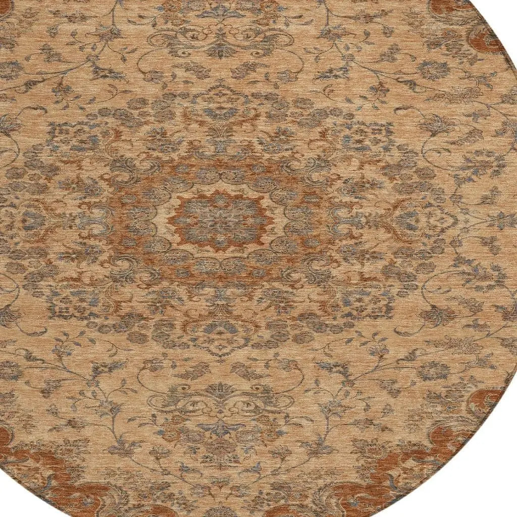 8' Copper And Orange Round Floral Medallion Washable Indoor Outdoor Area Rug Homeroots Outdoor