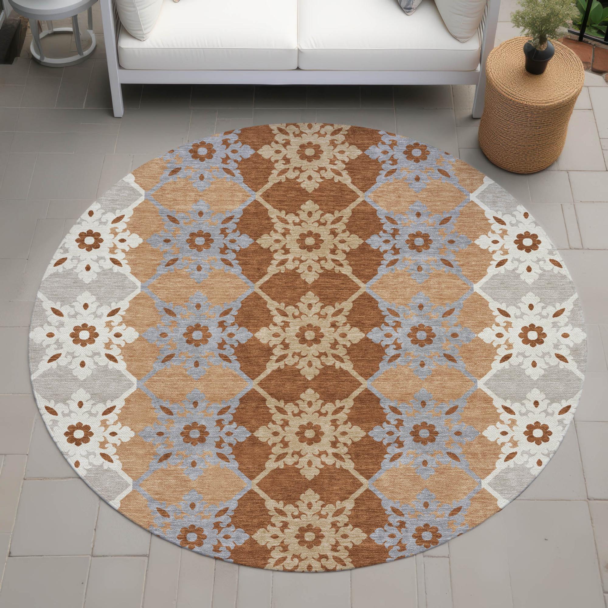8' Copper And Orange Round Floral Medallion Washable Indoor Outdoor Area Rug Homeroots Outdoor