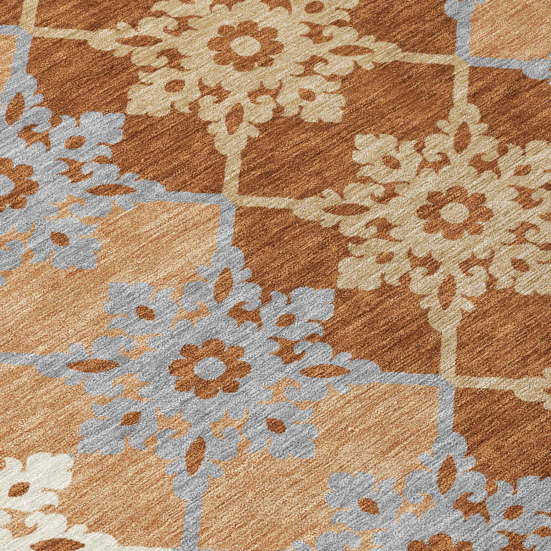 8' Copper And Orange Round Floral Medallion Washable Indoor Outdoor Area Rug Homeroots Outdoor