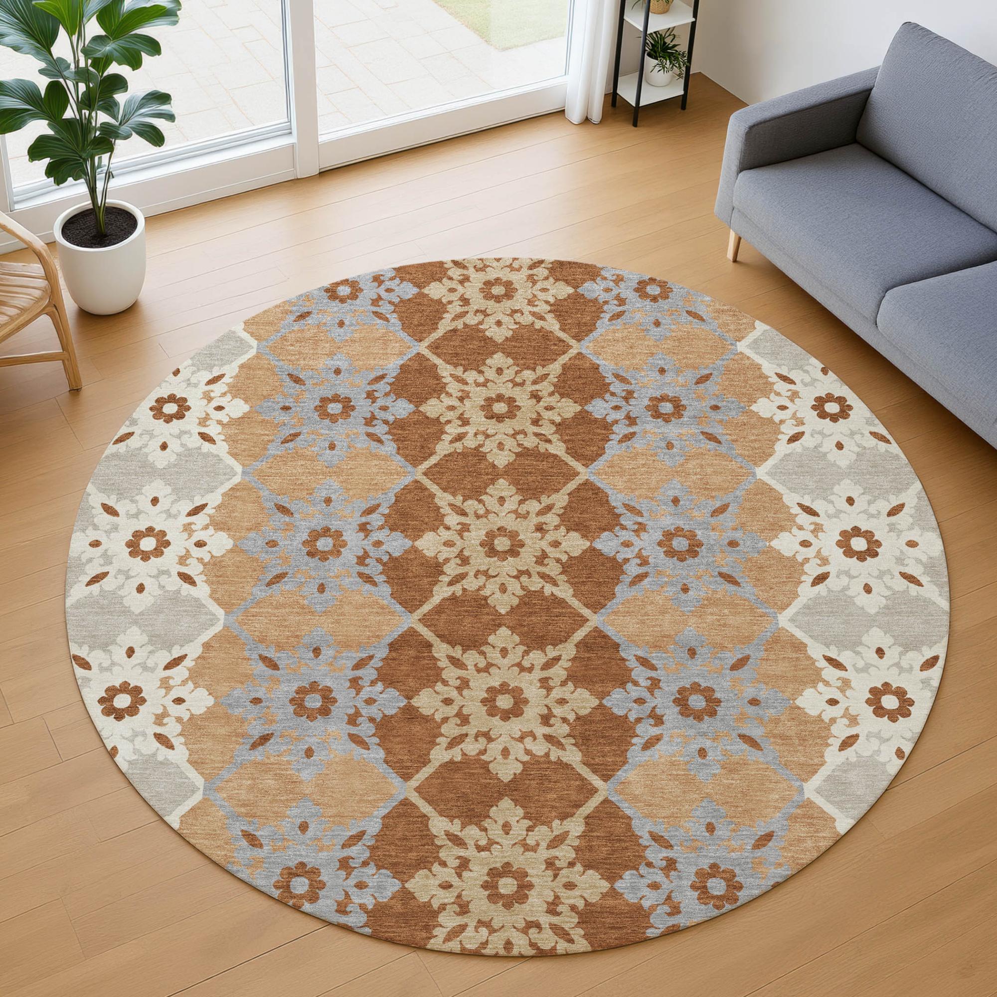 8' Copper And Orange Round Floral Medallion Washable Indoor Outdoor Area Rug Homeroots Outdoor