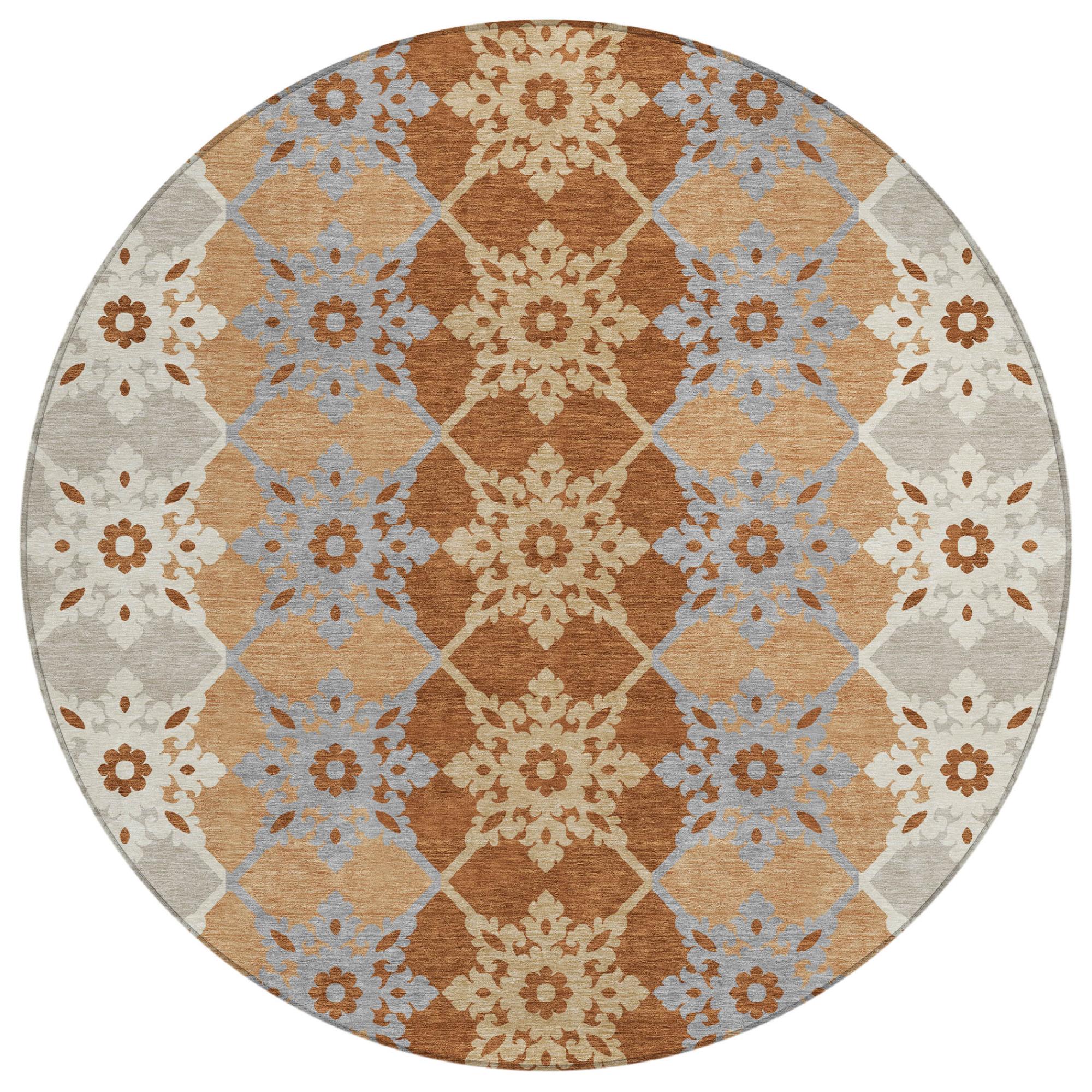 8' Copper And Orange Round Floral Medallion Washable Indoor Outdoor Area Rug Homeroots Outdoor