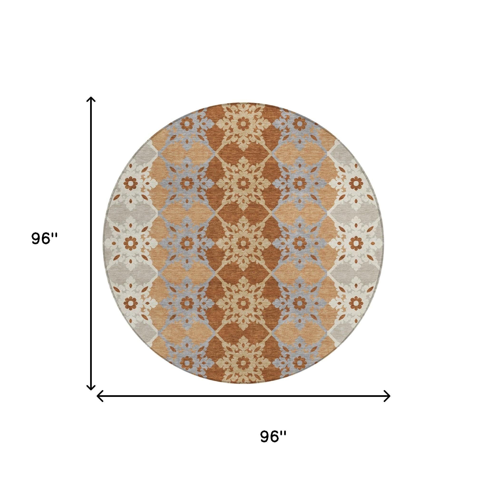 8' Copper And Orange Round Floral Medallion Washable Indoor Outdoor Area Rug Homeroots Outdoor
