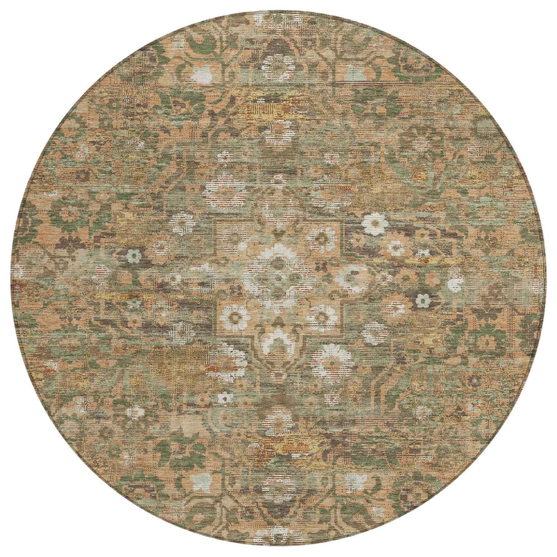 8' Copper And Orange Round Floral Medallion Washable Indoor Outdoor Area Rug Homeroots Outdoor
