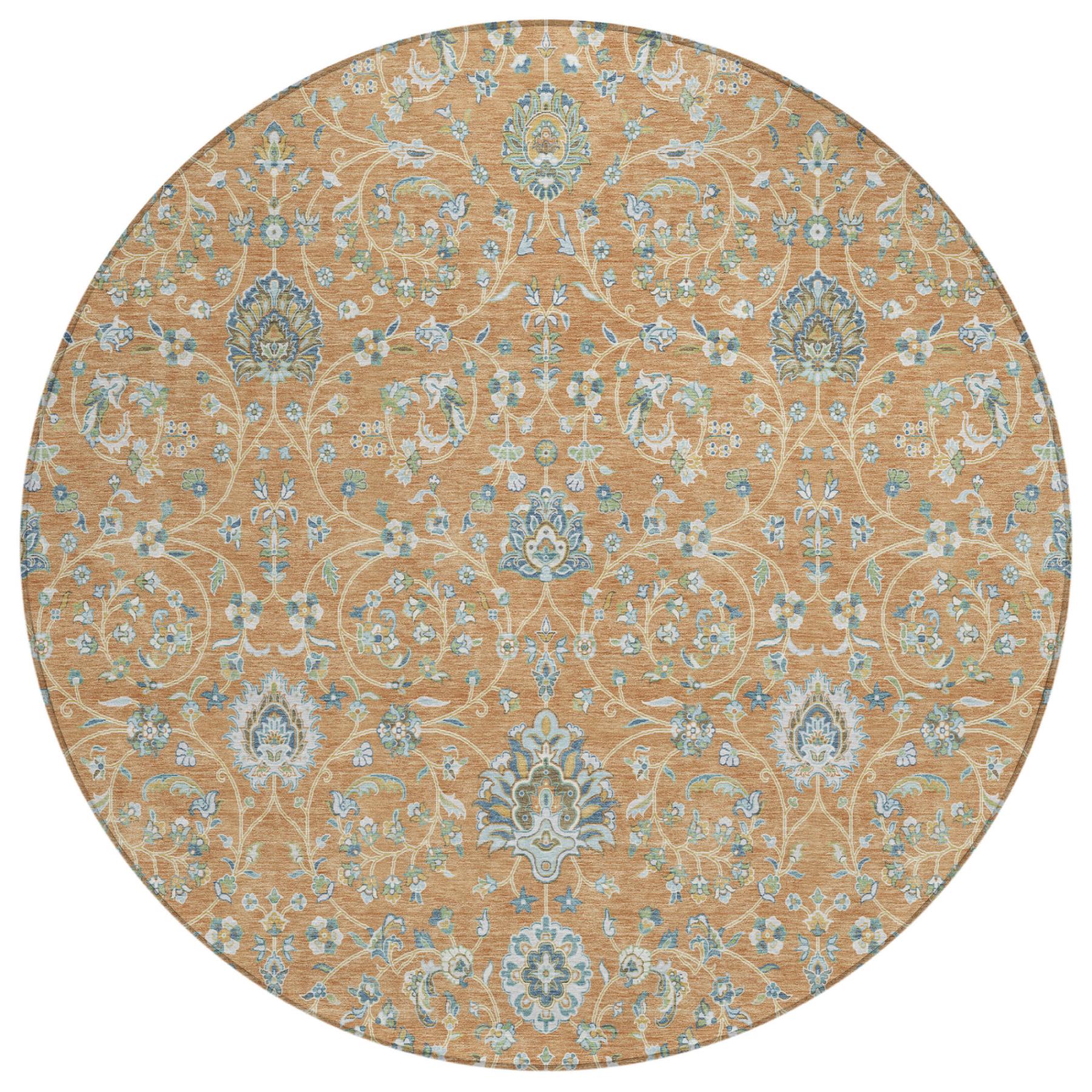 8' Copper And Orange Round Floral Washable Indoor Outdoor Area Rug Homeroots Outdoor