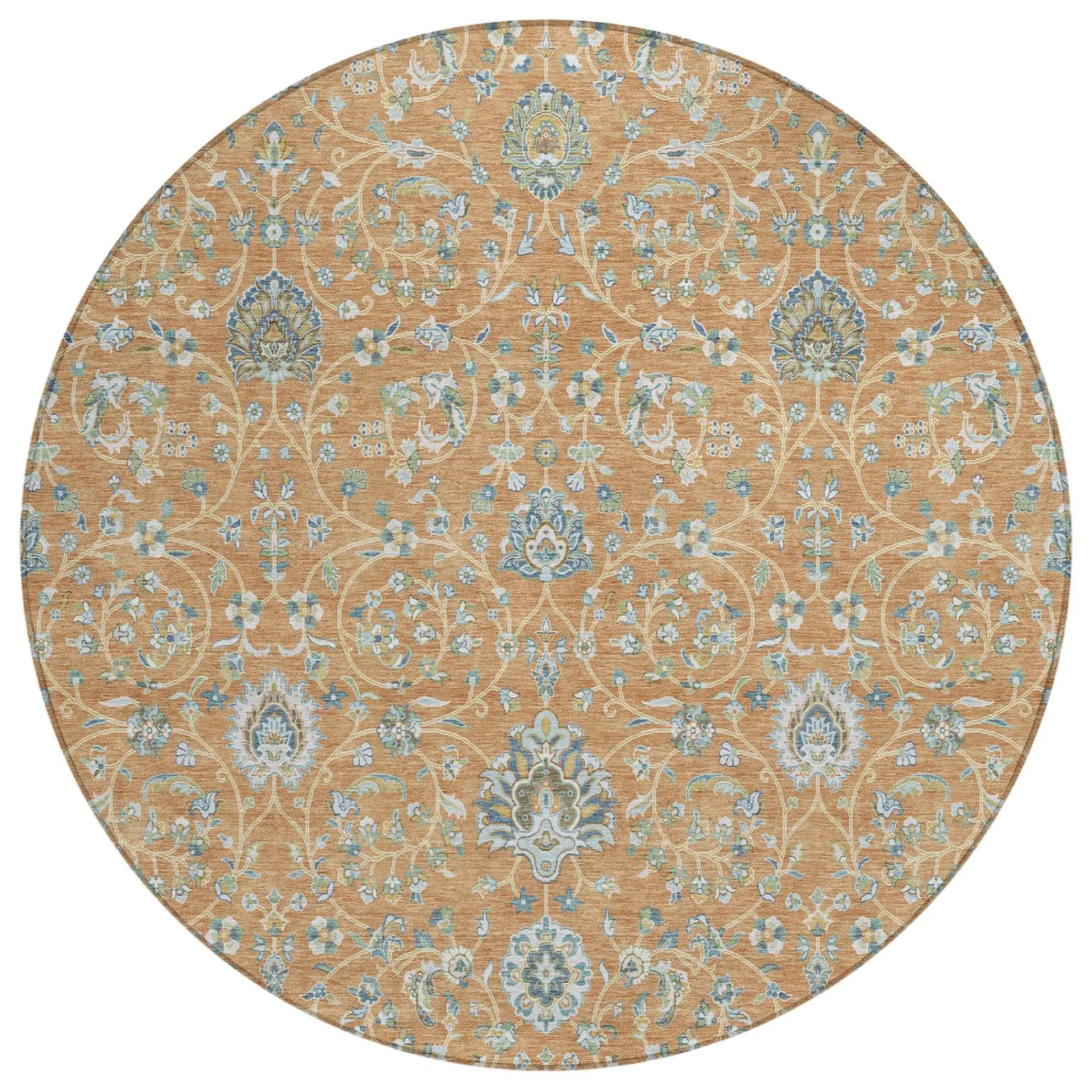 8' Copper And Orange Round Floral Washable Indoor Outdoor Area Rug Homeroots Outdoor