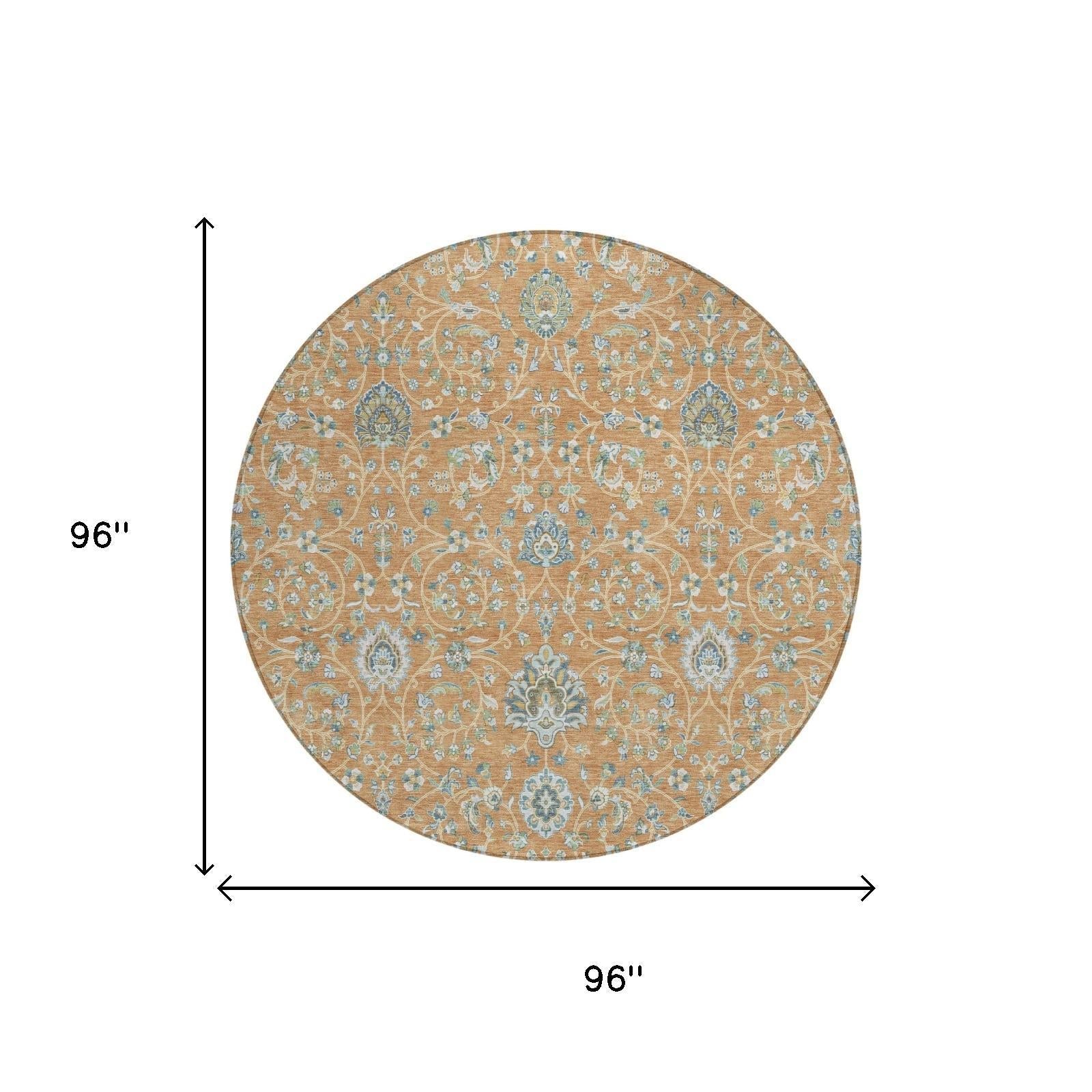 8' Copper And Orange Round Floral Washable Indoor Outdoor Area Rug Homeroots Outdoor