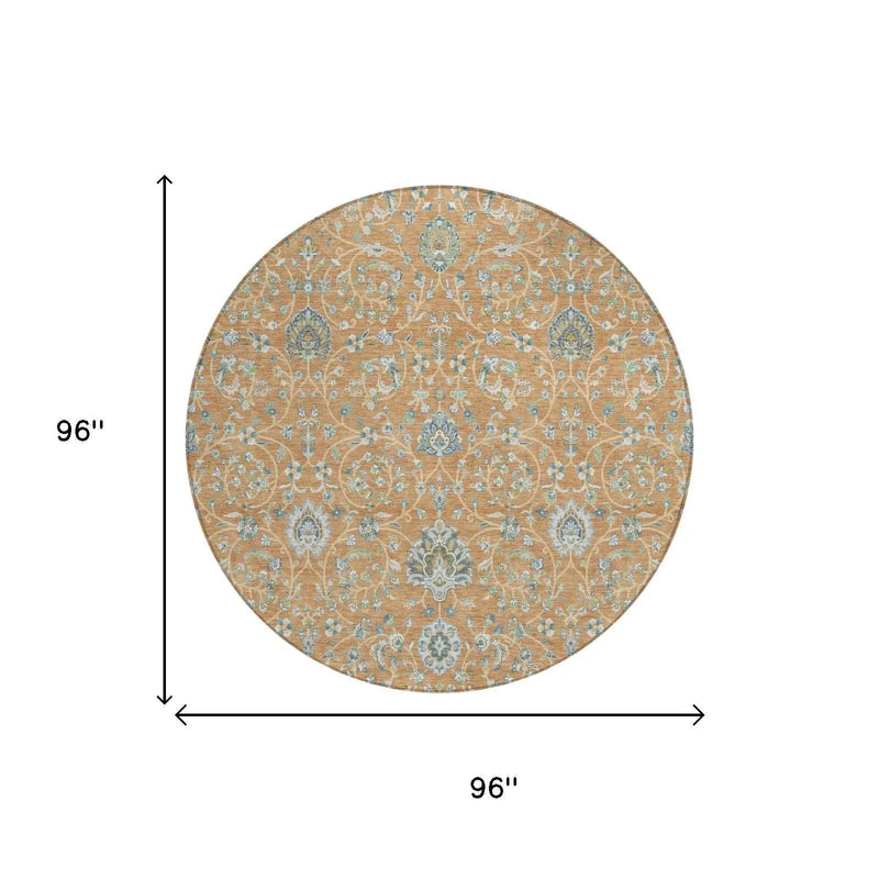 8' Copper And Orange Round Floral Washable Indoor Outdoor Area Rug Homeroots Outdoor