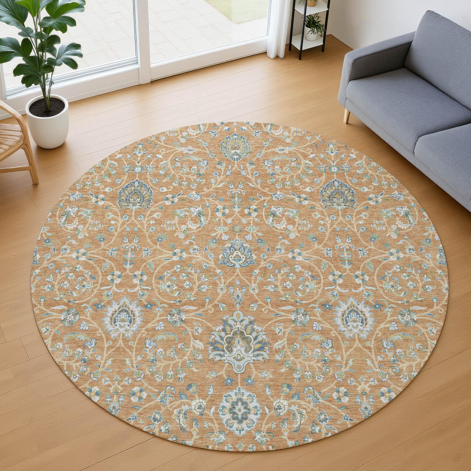 8' Copper And Orange Round Floral Washable Indoor Outdoor Area Rug Homeroots Outdoor