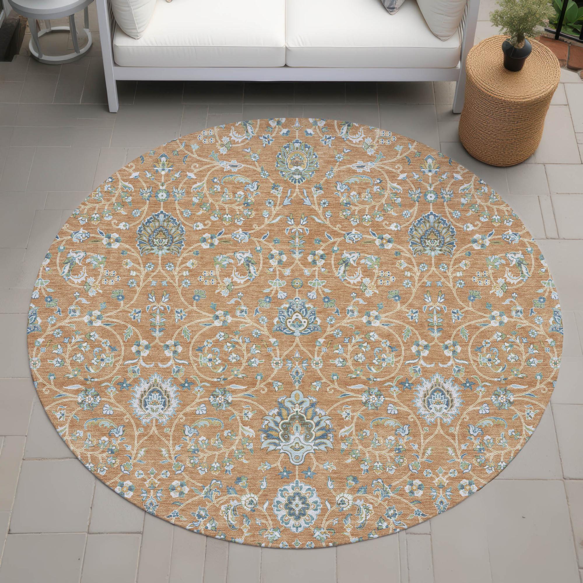 8' Copper And Orange Round Floral Washable Indoor Outdoor Area Rug Homeroots Outdoor