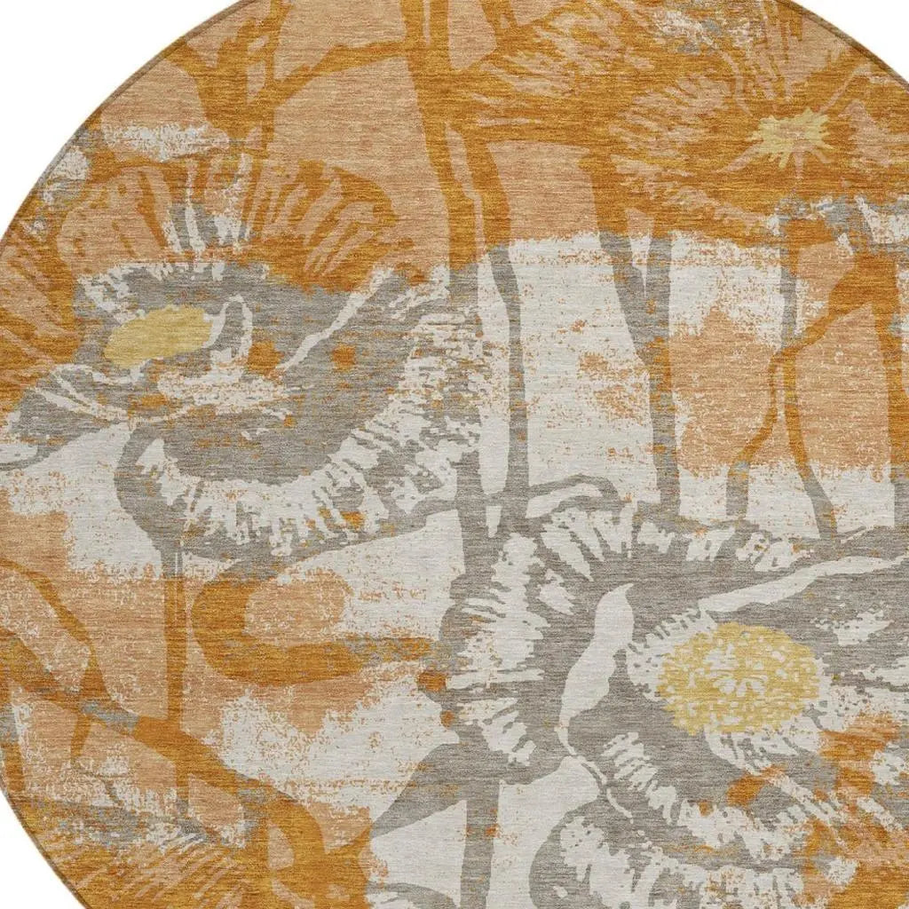 8' Copper And Orange Round Floral Washable Indoor Outdoor Area Rug Homeroots Outdoor
