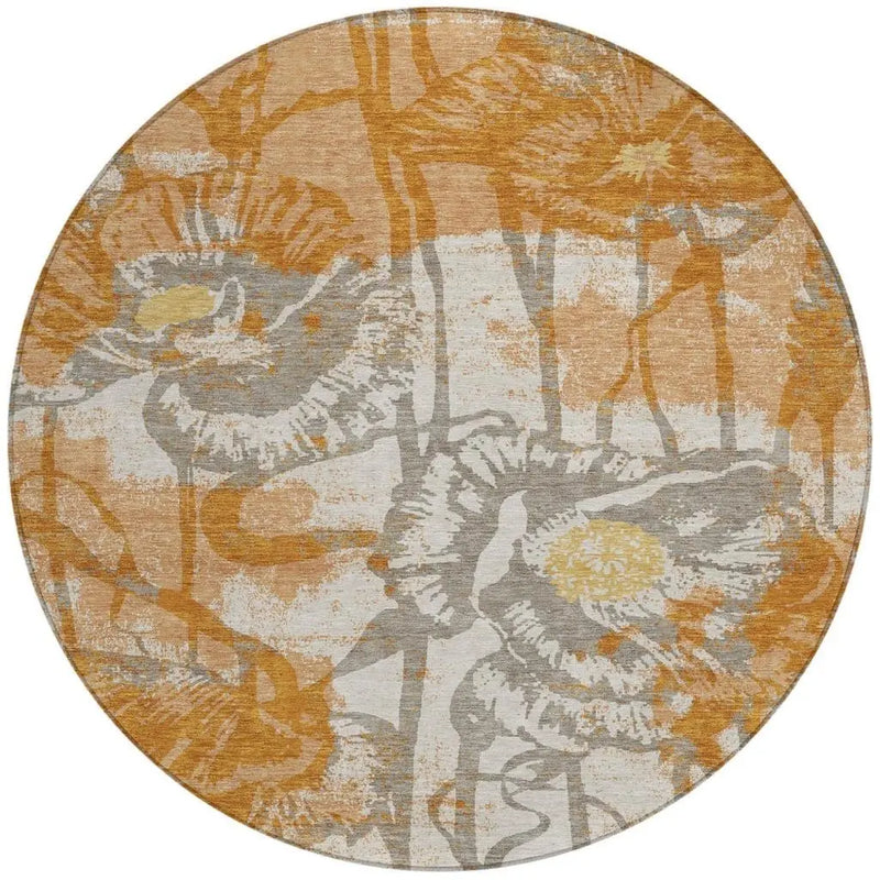 8' Copper And Orange Round Floral Washable Indoor Outdoor Area Rug Homeroots Outdoor