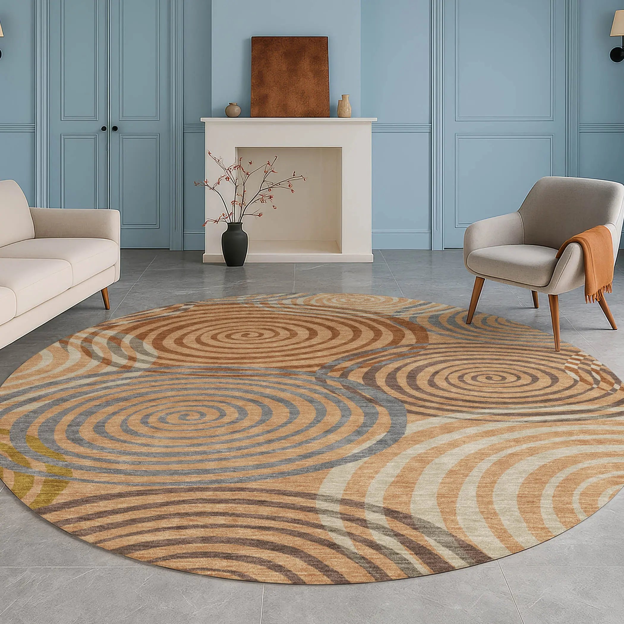 8' Copper And Orange Round Geometric Washable Indoor Outdoor Area Rug Homeroots Outdoor